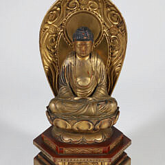 Edo Period Gold Lacquer Wooden Buddha in Glass Case, ex collection: Betty Mittleman; Pierce Galleries to the present owner