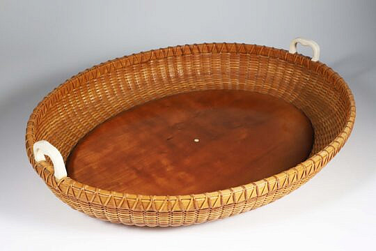 Paul Willer (1930-2025) Oval Nantucket Basket Woven Serving Tray with Carved Ivory Heart Handles, signed Willer 