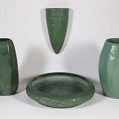 Group of Four Pieces of Green Glazed Arts and Crafts Pottery