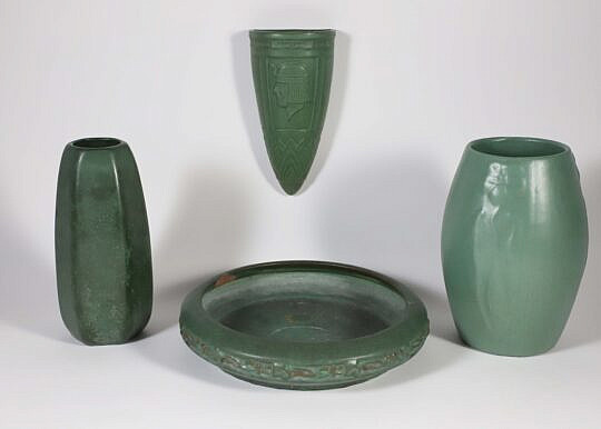 Group of Four Pieces of Green Glazed Arts and Crafts Pottery