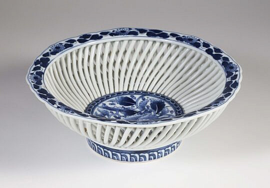 Japanese Signed Blue and White Porcelain Basket 