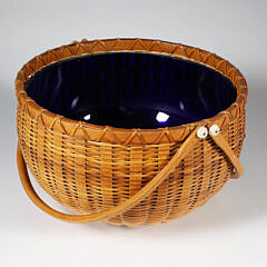 Paul Willer Round Double Swing Handle Nantucket Basket With Cobalt Glass Liner