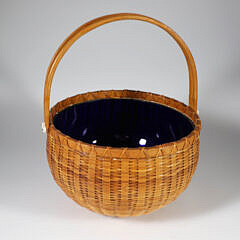 Paul Willer Round Double Swing Handle Nantucket Basket With Cobalt Glass Liner