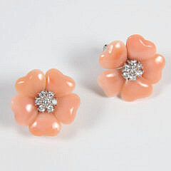 Pair of Pink Coral and Diamond Flower Earrings
