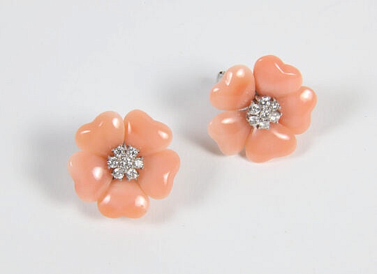 Pair of Pink Coral and Diamond Flower Earrings