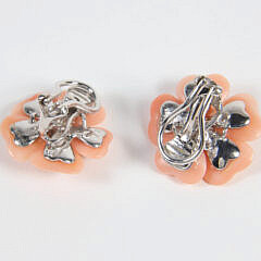 Pair of Pink Coral and Diamond Flower Earrings