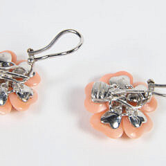 Pair of Pink Coral and Diamond Flower Earrings