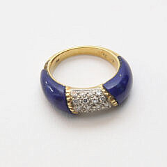18k Gold Lapis and Diamond Ring, Set With 20 Small Diamonds, 2mm size lapis missing from lower side of ring