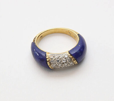 18k Gold Lapis and Diamond Ring, Set With 20 Small Diamonds, 2mm size lapis missing from lower side of ring