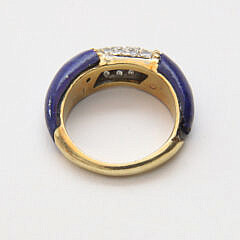18k Gold Lapis and Diamond Ring, Set With 20 Small Diamonds