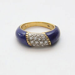 18k Gold Lapis and Diamond Ring, Set With 20 Small Diamonds