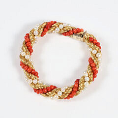 Italian Gold Pearl and Coral Rope Bracelet Marked K 18