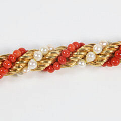 Italian Gold, Pearl, and Coral Rope Bracelet, Marked K 18