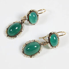 Pair of Antique Seed Pearl and Green Cabochon Stones Dangle Earrings