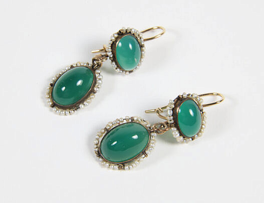 Pair of Antique Seed Pearl and Green Cabochon Stones Dangle Earrings