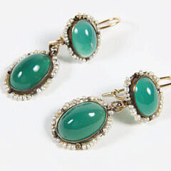Pair of Antique Seed Pearl and Green Cabochon Stones Dangle Earrings