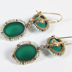 Pair of Antique Seed Pearl and Green Cabochon Stones Dangle Earrings