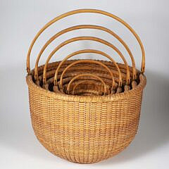 Bill and Judy Reis Nest of 7 Round Open Swing Handle Nantucket Baskets, Circa 1974 each signed and dated
