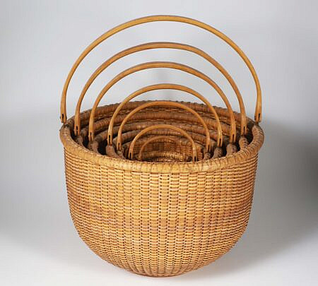 Bill and Judy Reis Nest of 7 Round Open Swing Handle Nantucket Baskets, Circa 1974 each signed and dated