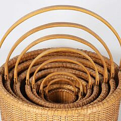 Bill and Judy Reis Nest of 7 Round Open Swing Handle Nantucket Baskets, circa 1974