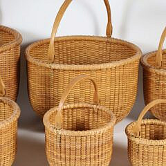 Bill and Judy Reis Nest of 7 Round Open Swing Handle Nantucket Baskets, circa 1974
