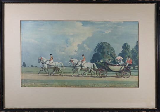 Alfred Munnings Lithograph of Horses with Riders Carrying Carriage 