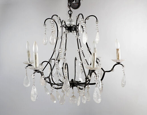 Vintage Rock Crystal Six-Light Chandelier, Teardrops and Faceted Prisims with Rosettes and Ball Drop
