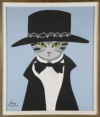 Maggie Meredith Oil on Canvas "Tuxedo Dressed Cat in a Black Hat", signed lower left love Maggie Meredith, in thin wood frame 