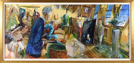 John Devaney Oil on Canvas "Auction in a Yellow Room"