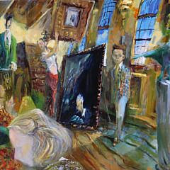 John Devaney Oil on Canvas “Auction in a Yellow Room”