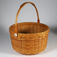 Paul Willer Round Swing Handle Nantucket Basket with 3 seeler cats and 2 bunnies, signed and dated 1983