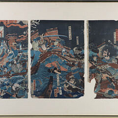 Japanese Woodblock Triptych Battle Scene on Water and on Land, signed by the artist 1st half of the 19th century 