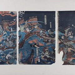 Japanese Woodblock Triptych Battle Scene on Water and on Land, 19th Century