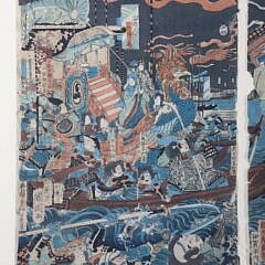 Japanese Woodblock Triptych Battle Scene on Water and on Land, 19th Century