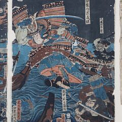 Japanese Woodblock Triptych Battle Scene on Water and on Land, 19th Century