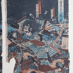 Japanese Woodblock Triptych Battle Scene on Water and on Land, 19th Century