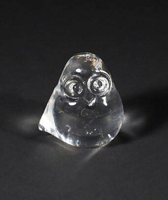 Signed Steuben Clear Glass Owl Hand Cooler