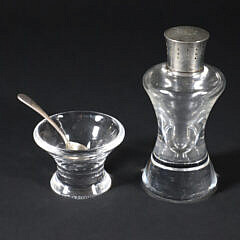 Signed Steuben Clear Glass Open Salt and Pepper Shaker with Sterling Cap and Salt Spoon