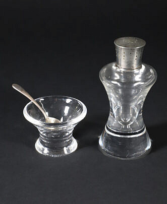 Signed Steuben Clear Glass Open Salt and Pepper Shaker with Sterling Cap and Salt Spoon