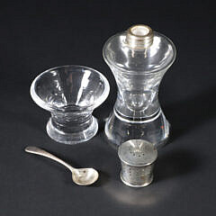 Signed Steuben Clear Glass Open Salt and Pepper Shaker with Sterling Cap and Salt Spoon