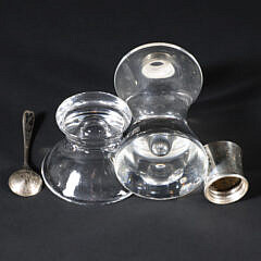 Signed Steuben Clear Glass Open Salt and Pepper Shaker with Sterling Cap and Salt Spoon