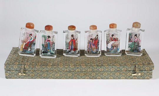Collection of Six Boxed Vintage Reverse Painted MFF Bottles "Twelve Beauties of the Dream of Red Mansion"