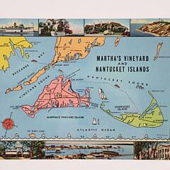 Rare Framed Nantucket and Martha’s Vineyard Postcard with Historical Sites