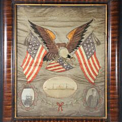 Antique Commemorative Silk Needlework with Spread Winged Eagle American Flag and Crest "Frank Jones of the S.S. Steel Inventor Kobe Japan, June 1925"