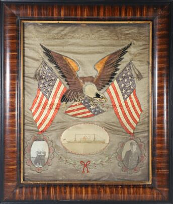 Antique Commemorative Silk Needlework with Spread Winged Eagle American Flag and Crest "Frank Jones of the S.S. Steel Inventor Kobe Japan, June 1925"