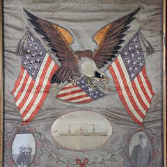 Antique Commemorative Silk Needlework with Spread Winged Eagle, American Flag, and Crest, circa 1925