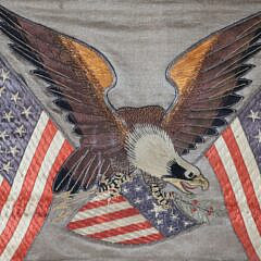 Antique Commemorative Silk Needlework with Spread Winged Eagle, American Flag, and Crest, circa 1925