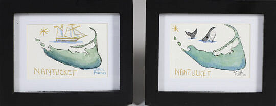 Two Carol Poitras Miniature Nantucket Map Watercolors