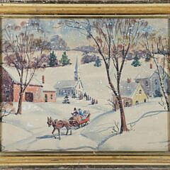 Mixed Media on Board “Snowy Winter Scene with Horse Drawn Carriage, Church and Town Folk”