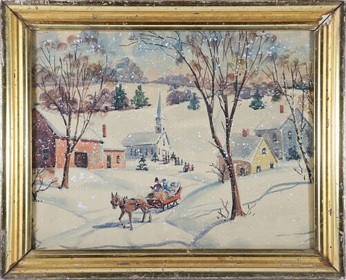 Mixed Media on Board "Snowy Winter Scene with Horse Drawn Carriage, Church and Town Folk"